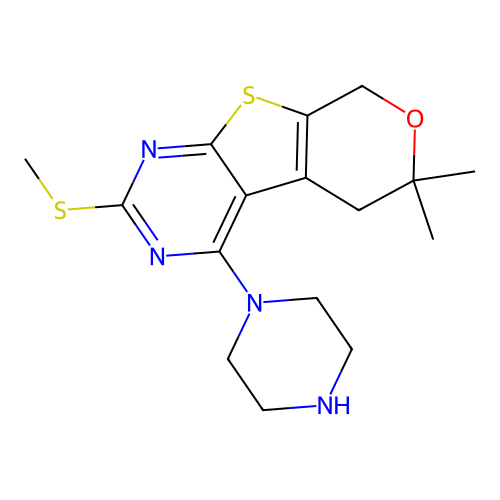 6,6-dimethyl-2-(methylsulfanyl)-4-(piperazin-1-yl)-5,8-dihydro-6H-pyrano[4',3':4,5]thieno[2,3-d]pyrimidine structure