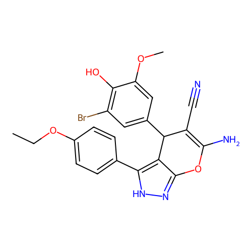 6-amino-4-(3-bromo-4-hydroxy-5-methoxyphenyl)-3-(4-ethoxyphenyl)-1,4-dihydropyrano[2,3-c]pyrazole-5-carbonitrile structure
