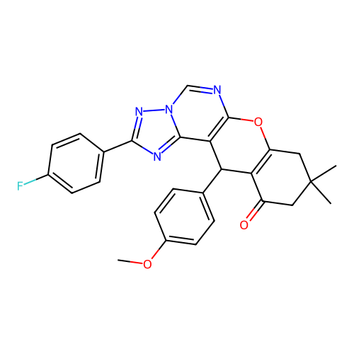 2-(4-fluorophenyl)-12-(4-methoxyphenyl)-9,9-dimethyl-8,9,10,12-tetrahydro-11H-chromeno[3,2-e][1,2,4]triazolo[1,5-c]pyrimidin-11-one structure