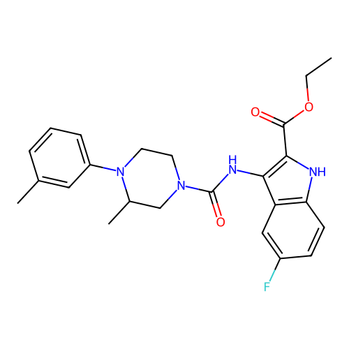 Ethyl 5-fluoro-3-[[3-methyl-4-(3-methylphenyl)piperazine-1-carbonyl]amino]-1H-indole-2-carboxylate structure