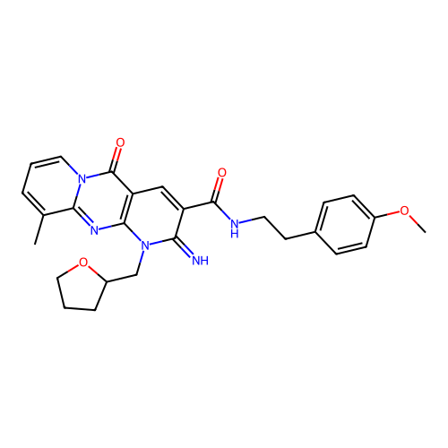 2-imino-N-(4-methoxyphenethyl)-10-methyl-5-oxo-1-((tetrahydrofuran-2-yl)methyl)-2,5-dihydro-1H-dipyrido[1,2-a:2',3'-d]pyrimidine-3-carboxamide structure
