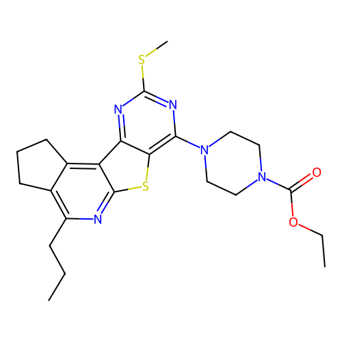 ethyl 4-(9-(methylthio)-4-propyl-2,3-dihydro-1H-cyclopenta[4',5']pyrido[3',2':4,5]thieno[3,2-d]pyrimidin-7-yl)piperazine-1-carboxylate structure