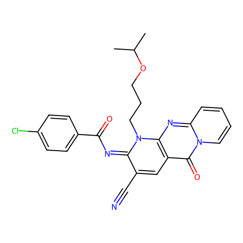 (E)-4-chloro-N-(3-cyano-1-(3-isopropoxypropyl)-5-oxo-1H-dipyrido[1,2-a:2',3'-d]pyrimidin-2(5H)-ylidene)benzamide structure