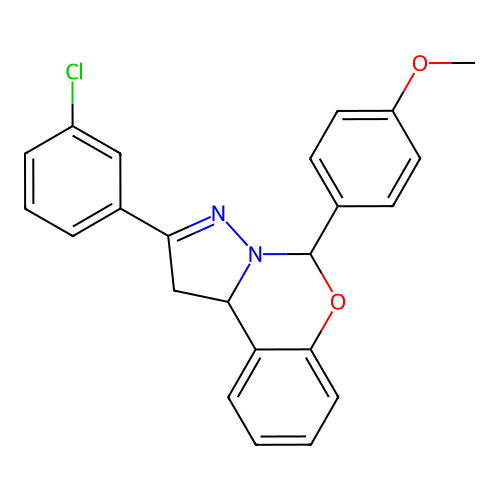2-(3-chlorophenyl)-5-(4-methoxyphenyl)-1,10b-dihydropyrazolo[1,5-c][1,3]benzoxazine structure