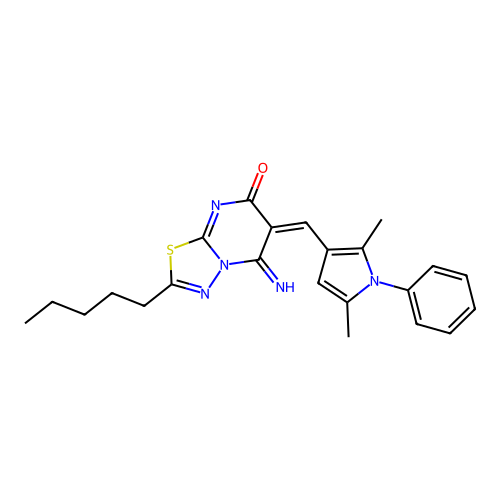 (6E)-6-[(2,5-dimethyl-1-phenyl-1H-pyrrol-3-yl)methylidene]-5-imino-2-pentyl-5,6-dihydro-7H-[1,3,4]thiadiazolo[3,2-a]pyrimidin-7-one structure