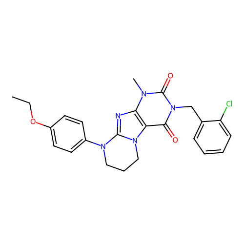 3-(2-chlorobenzyl)-9-(4-ethoxyphenyl)-1-methyl-6,7,8,9-tetrahydropyrimido[2,1-f]purine-2,4(1H,3H)-dione structure