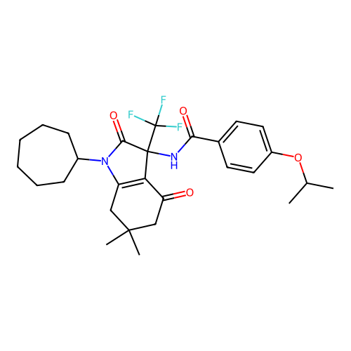 N-(1-cycloheptyl-6,6-dimethyl-2,4-dioxo-3-(trifluoromethyl)-2,3,4,5,6,7-hexahydro-1H-indol-3-yl)-4-isopropoxybenzamide structure