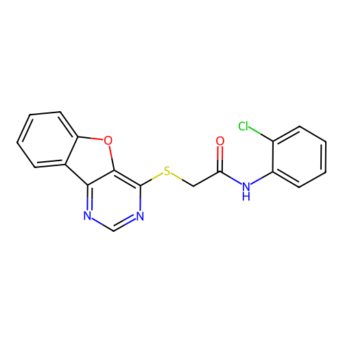 2-([1]benzofuro[3,2-d]pyrimidin-4-ylsulfanyl)-N-(2-chlorophenyl)acetamide structure