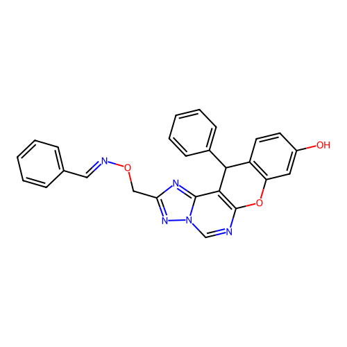 12-phenyl-2-[({[(E)-phenylmethylidene]amino}oxy)methyl]-12H-chromeno[3,2-e][1,2,4]triazolo[1,5-c]pyrimidin-9-ol structure