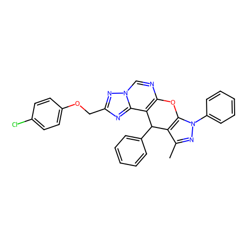 2-[(4-chlorophenoxy)methyl]-10-methyl-8,11-diphenyl-8,11-dihydropyrazolo[4',3':5,6]pyrano[3,2-e][1,2,4]triazolo[1,5-c]pyrimidine structure