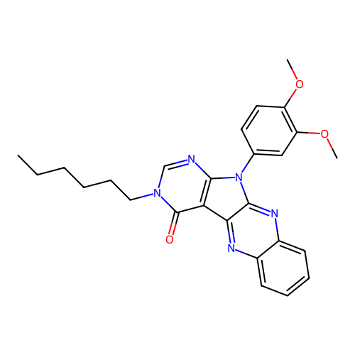 11-(3,4-dimethoxyphenyl)-3-hexyl-3,11-dihydro-4H-pyrimido[5',4':4,5]pyrrolo[2,3-b]quinoxalin-4-one structure