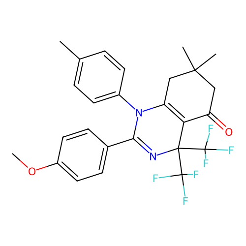2-(4-methoxyphenyl)-7,7-dimethyl-1-(4-methylphenyl)-4,4-bis(trifluoromethyl)-4,6,7,8-tetrahydroquinazolin-5(1H)-one structure