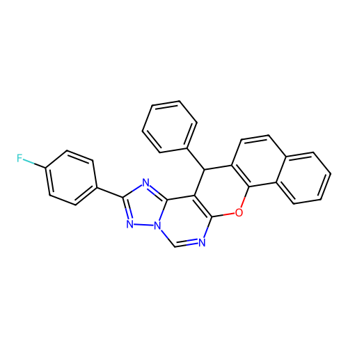 2-(4-fluorophenyl)-14-phenyl-14H-benzo[7,8]chromeno[3,2-e][1,2,4]triazolo[1,5-c]pyrimidine structure