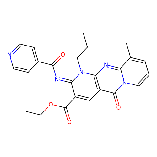 (Z)-ethyl 2-(isonicotinoylimino)-10-methyl-5-oxo-1-propyl-2,5-dihydro-1H-dipyrido[1,2-a:2',3'-d]pyrimidine-3-carboxylate structure