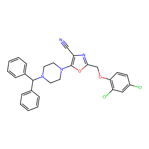 5-(4-benzhydrylpiperazin-1-yl)-2-[(2,4-dichlorophenoxy)methyl]-1,3-oxazole-4-carbonitrile structure