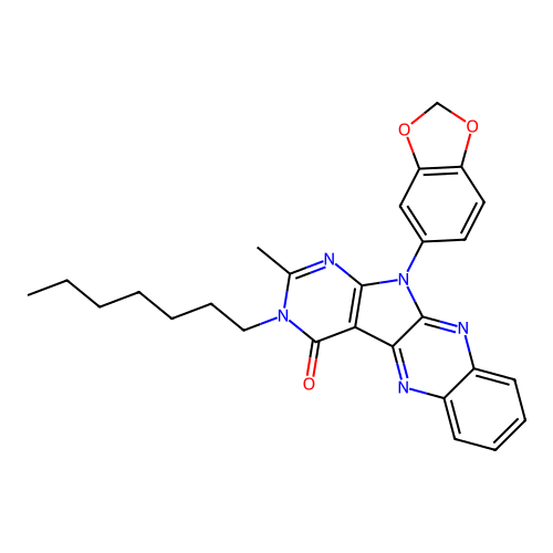 11-(1,3-benzodioxol-5-yl)-3-heptyl-2-methyl-3,11-dihydro-4H-pyrimido[5',4':4,5]pyrrolo[2,3-b]quinoxalin-4-one structure