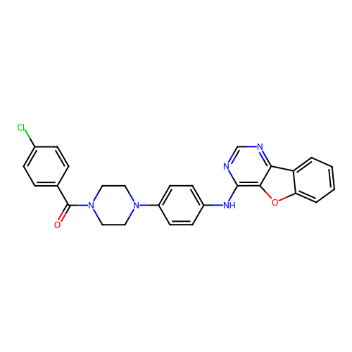 (4-(4-(benzofuro[3,2-d]pyrimidin-4-ylamino)phenyl)piperazin-1-yl)(4-chlorophenyl)methanone structure