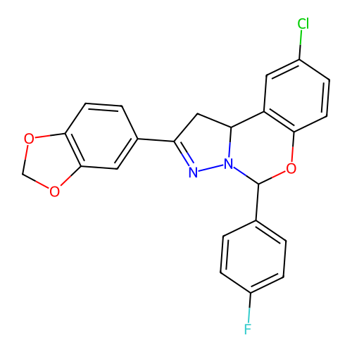 2-(1,3-benzodioxol-5-yl)-9-chloro-5-(4-fluorophenyl)-1,10b-dihydropyrazolo[1,5-c][1,3]benzoxazine structure