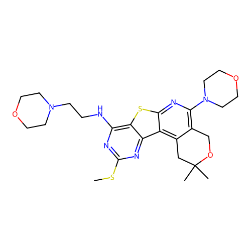 2,2-dimethyl-10-(methylsulfanyl)-5-(morpholin-4-yl)-N-[2-(morpholin-4-yl)ethyl]-1,4-dihydro-2H-pyrano[4'',3'':4',5']pyrido[3',2':4,5]thieno[3,2-d]pyrimidin-8-amine structure