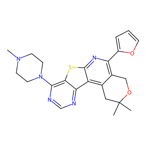 5-(furan-2-yl)-2,2-dimethyl-8-(4-methylpiperazin-1-yl)-1,4-dihydro-2H-pyrano[4'',3'':4',5']pyrido[3',2':4,5]thieno[3,2-d]pyrimidine structure