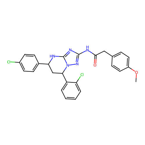 N-(7-(2-chlorophenyl)-5-(4-chlorophenyl)-4,5,6,7-tetrahydro-[1,2,4]triazolo[1,5-a]pyrimidin-2-yl)-2-(4-methoxyphenyl)acetamide structure