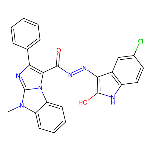 (Z)-N'-(5-chloro-2-oxoindolin-3-ylidene)-9-methyl-2-phenyl-9H-benzo[d]imidazo[1,2-a]imidazole-3-carbohydrazide structure