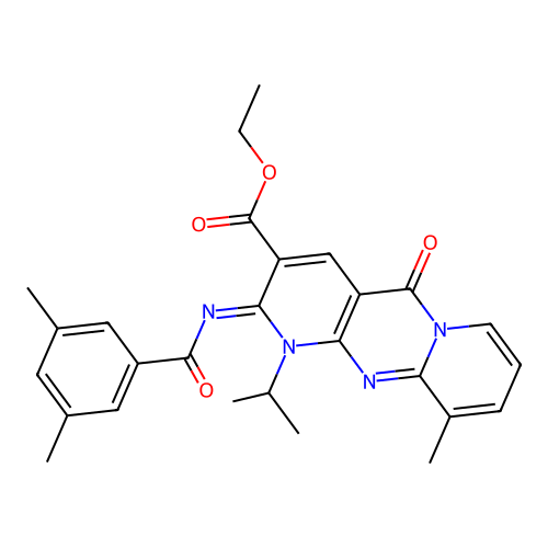 (Z)-ethyl 2-((3,5-dimethylbenzoyl)imino)-1-isopropyl-10-methyl-5-oxo-2,5-dihydro-1H-dipyrido[1,2-a:2',3'-d]pyrimidine-3-carboxylate structure