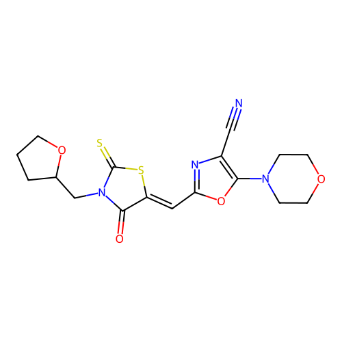 (Z)-5-morpholino-2-((4-oxo-3-((tetrahydrofuran-2-yl)methyl)-2-thioxothiazolidin-5-ylidene)methyl)oxazole-4-carbonitrile structure