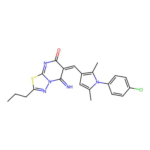 (6E)-6-[[1-(4-chlorophenyl)-2,5-dimethylpyrrol-3-yl]methylidene]-5-imino-2-propyl-[1,3,4]thiadiazolo[3,2-a]pyrimidin-7-one structure