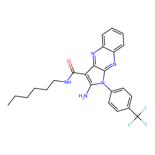 2-amino-N-hexyl-1-(4-(trifluoromethyl)phenyl)-1H-pyrrolo[2,3-b]quinoxaline-3-carboxamide structure