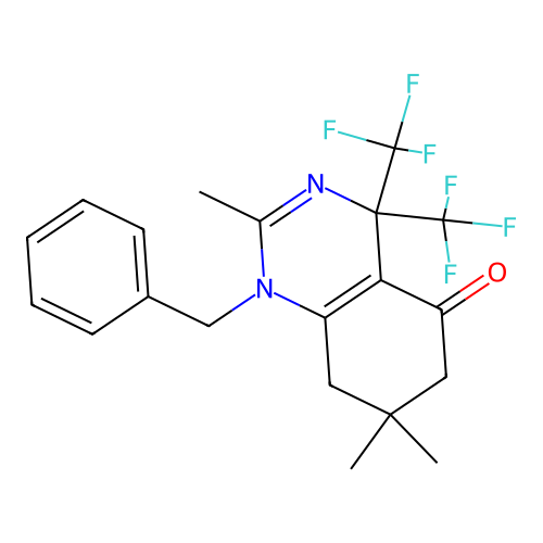 1-benzyl-2,7,7-trimethyl-4,4-bis(trifluoromethyl)-4,6,7,8-tetrahydroquinazolin-5(1H)-one structure
