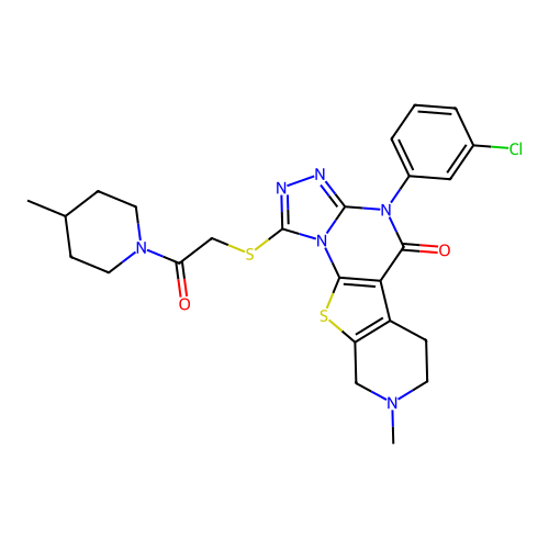 4-(3-chlorophenyl)-8-methyl-1-((2-(4-methylpiperidin-1-yl)-2-oxoethyl)thio)-6,7,8,9-tetrahydropyrido[4',3':4,5]thieno[3,2-e][1,2,4]triazolo[4,3-a]pyrimidin-5(4H)-one structure