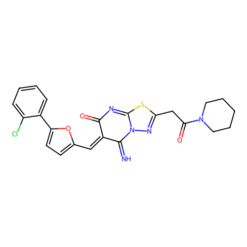 (6Z)-6-[[5-(2-chlorophenyl)furan-2-yl]methylidene]-5-imino-2-(2-oxo-2-piperidin-1-ylethyl)-[1,3,4]thiadiazolo[3,2-a]pyrimidin-7-one structure