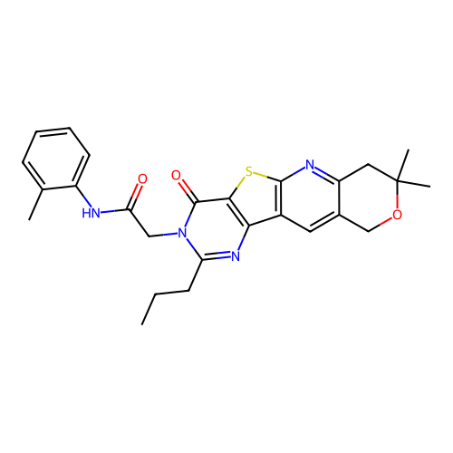 2-(8,8-dimethyl-4-oxo-2-propyl-4,7,8,10-tetrahydro-3H-pyrano[3'',4'':5',6']pyrido[3',2':4,5]thieno[3,2-d]pyrimidin-3-yl)-N-(o-tolyl)acetamide structure