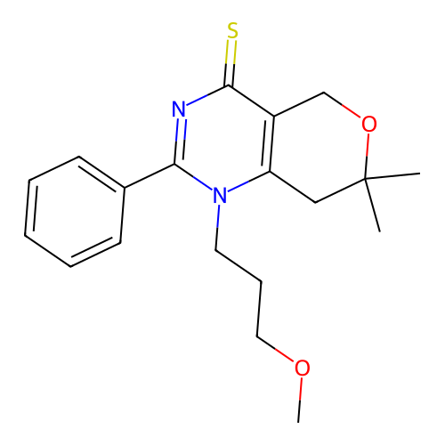 1-(3-methoxypropyl)-7,7-dimethyl-2-phenyl-5,8-dihydropyrano[4,3-d]pyrimidine-4-thione structure