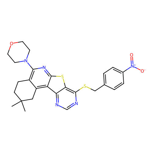 2,2-dimethyl-5-(morpholin-4-yl)-8-[(4-nitrobenzyl)sulfanyl]-1,2,3,4-tetrahydropyrimido[4',5':4,5]thieno[2,3-c]isoquinoline structure