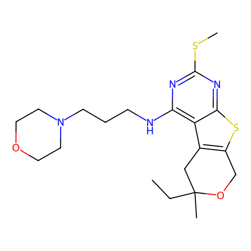 6-ethyl-6-methyl-2-(methylsulfanyl)-N-[3-(morpholin-4-yl)propyl]-5,8-dihydro-6H-pyrano[4',3':4,5]thieno[2,3-d]pyrimidin-4-amine structure