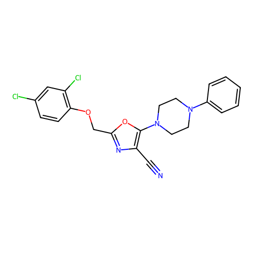 2-[(2,4-dichlorophenoxy)methyl]-5-(4-phenylpiperazin-1-yl)-1,3-oxazole-4-carbonitrile structure
