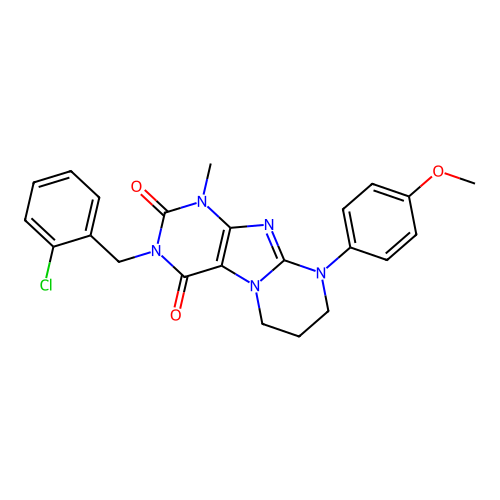 3-(2-chlorobenzyl)-9-(4-methoxyphenyl)-1-methyl-6,7,8,9-tetrahydropyrimido[2,1-f]purine-2,4(1H,3H)-dione structure