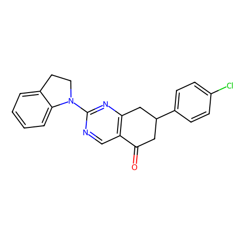 7-(4-chlorophenyl)-2-(2,3-dihydro-1H-indol-1-yl)-7,8-dihydroquinazolin-5(6H)-one structure