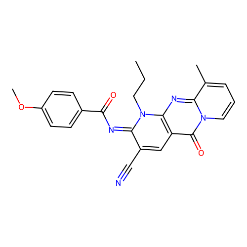 (E)-N-(3-cyano-10-methyl-5-oxo-1-propyl-1H-dipyrido[1,2-a:2',3'-d]pyrimidin-2(5H)-ylidene)-4-methoxybenzamide structure