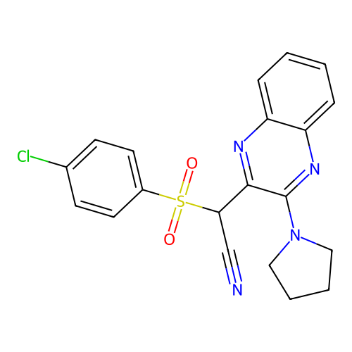 2-((4-Chlorophenyl)sulfonyl)-2-(3-(pyrrolidin-1-yl)quinoxalin-2-yl)acetonitrile structure