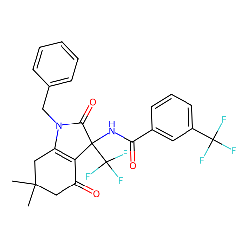 N-(1-benzyl-6,6-dimethyl-2,4-dioxo-3-(trifluoromethyl)-2,3,4,5,6,7-hexahydro-1H-indol-3-yl)-3-(trifluoromethyl)benzamide structure