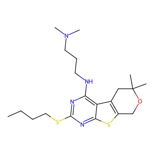 N'-[2-(butylsulfanyl)-6,6-dimethyl-5,8-dihydro-6H-pyrano[4',3':4,5]thieno[2,3-d]pyrimidin-4-yl]-N,N-dimethylpropane-1,3-diamine structure
