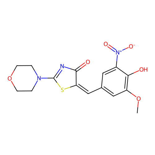 (E)-5-(4-hydroxy-3-methoxy-5-nitrobenzylidene)-2-morpholinothiazol-4(5H)-one structure