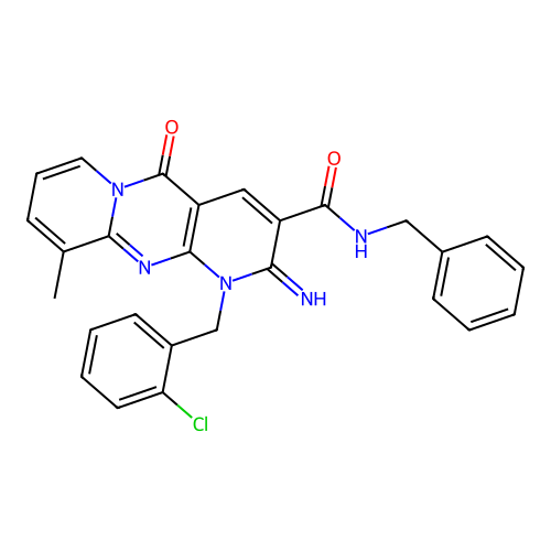 N-benzyl-1-(2-chlorobenzyl)-2-imino-10-methyl-5-oxo-1,5-dihydro-2H-dipyrido[1,2-a:2',3'-d]pyrimidine-3-carboxamide structure