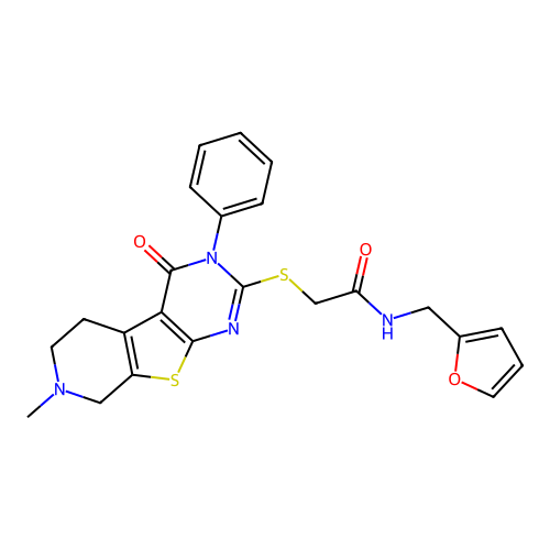 N-(furan-2-ylmethyl)-2-((7-methyl-4-oxo-3-phenyl-3,4,5,6,7,8-hexahydropyrido[4',3':4,5]thieno[2,3-d]pyrimidin-2-yl)thio)acetamide structure