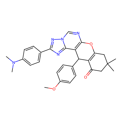 2-[4-(dimethylamino)phenyl]-12-(4-methoxyphenyl)-9,9-dimethyl-8,9,10,12-tetrahydro-11H-chromeno[3,2-e][1,2,4]triazolo[1,5-c]pyrimidin-11-one structure