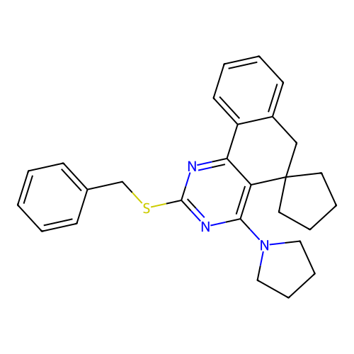 2-(benzylsulfanyl)-4-(pyrrolidin-1-yl)-6H-spiro[benzo[h]quinazoline-5,1'-cyclopentane] structure