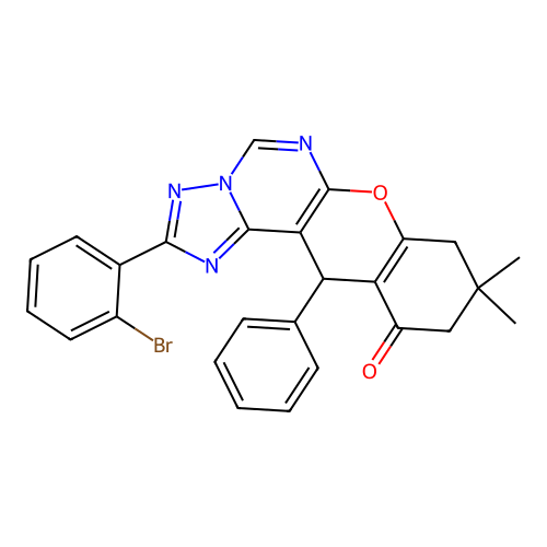 2-(2-bromophenyl)-9,9-dimethyl-12-phenyl-8,9,10,12-tetrahydro-11H-chromeno[3,2-e][1,2,4]triazolo[1,5-c]pyrimidin-11-one structure